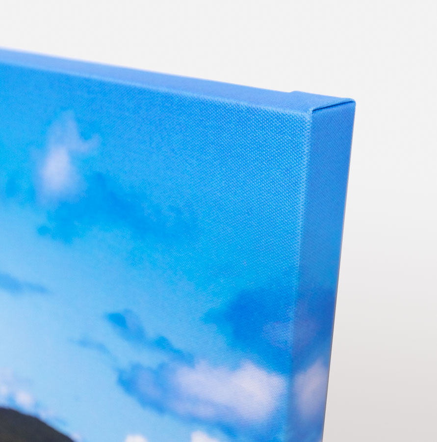 Closeup photo of the top corner of stretched canvas print