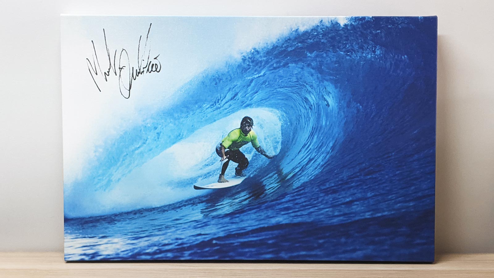 Load video: Signed canvas print featuring surfer Mark Occhilupo